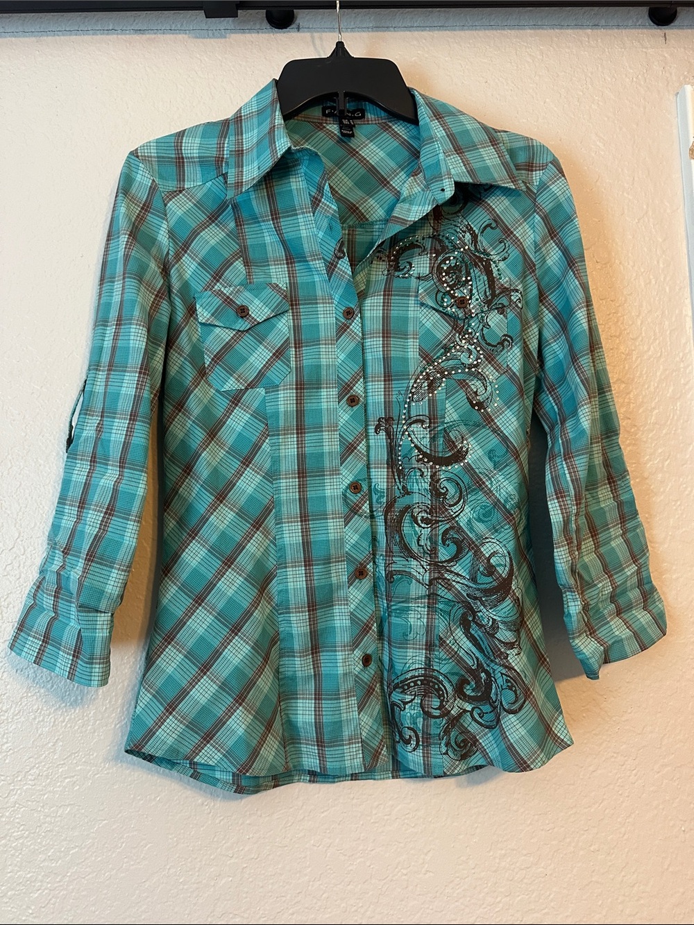 FANG Plaid Button-Up Shirt in Teal and Brown with bedazzle! - Picture 7 of 8